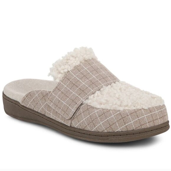 Vionic SZ 8 Gemma ll Cream Plaid Sherpa Slip On Orthro Clog Mocha relax Comfort - Picture 1 of 13